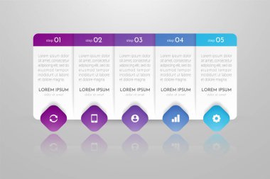 5 seçeneği, aşaması ya da süreci olan bilgi tasarımı. İş akışı düzeni, yıllık rapor, akış çizelgeleri, diyagram, sunumlar, web siteleri, afişler, basılı materyaller için kullanılabilir.