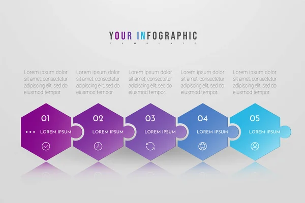 Puzzle-Infografik Konzeption mit 5 Optionen oder Schritten. Kann für Broschüren, Business, Webdesign, Jahresberichte, Flussdiagramme, Diagramme, Präsentationen verwendet werden. — Stockvektor