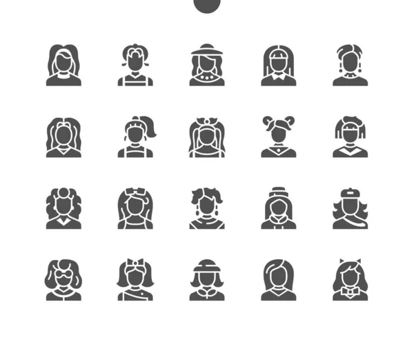 Femme avatar Pixel bien conçu parfait vecteur solide icônes 30 2x Grille pour Web Graphics et applications. Pictogramme minimal simple — Image vectorielle