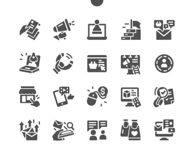 Web Grafikleri ve Uygulamaları için Pazarlama İyi Yapılmış Piksel Mükemmel Vektör Katı Simgeleri 32x Izgarası. Basit Asgari Resim Grafiği