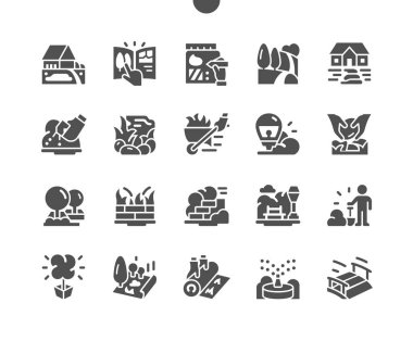 Peyzaj tasarımı. Güzel kır evi bahçesi. Çiçek açan bitkiler ve çimenlikteki ağaçlar. Evdeki bahçe. Vektör Katı Simgeleri. Basit Resim Grafiği