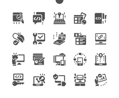 Web optimizasyonu, geliştirme, e-ticaret için kullanıcı arayüzü. Başarılı pazarlama bileşenleri ile SEO stratejisi. Web sitesi tasarım unsurları, program kodu. Vektör Katı Simgeleri. Basit Resim Grafiği