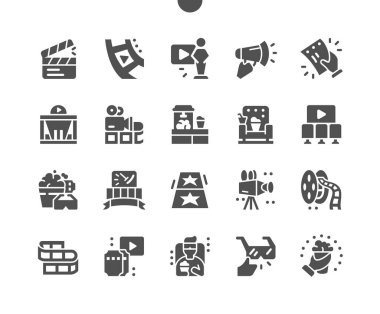 Sinema, eğlence, eğlence. Sinematograf konsepti, sinema bileti, patlamış mısır ve film makarası. Vektör Katı Simgeleri. Basit Resim Grafiği