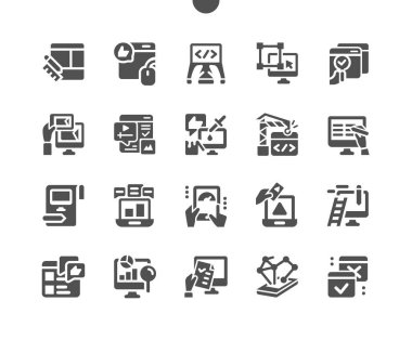 İşteki ilgili web sitesi test ediliyor. Web sitesi geliştirme, web sitesi inşaatı, web sayfası oluşturma süreci, web sitesi düzeni ve arayüz geliştirme. Vektör Katı Simgeleri. Basit Resim Grafiği