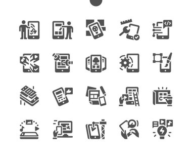 Mobil uygulama geliştirme. Yazılım API prototip ve arkaplan testi. Akıllı telefon arayüzü oluşturma, mobil bir uygulama oluşturma süreci. Vektör Katı Simgeleri. Basit Resim Grafiği