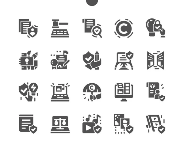 Digitales Recht und Urheberrecht. Digitale Information und Gleichgewicht. Urheberrechtsschutz. Vektor Solid Icons. Einfaches Piktogramm — Stockvektor