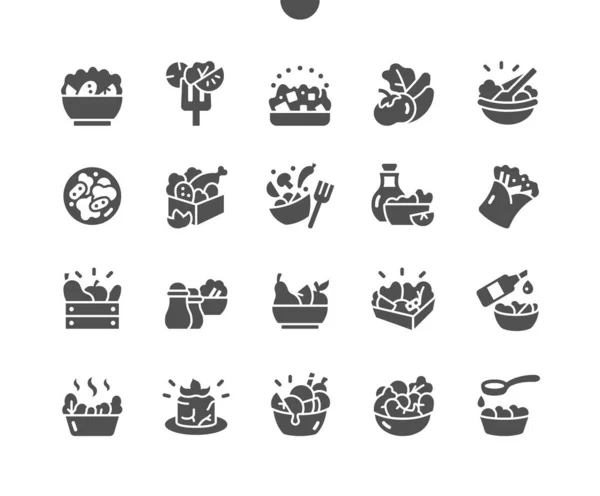 Ensaladas saludables, hojas mezclan ensalada. Frutas y verduras. Ensalada deliciosa. Menú para restaurante y cafetería. Vector Solid Icons. Pictograma simple — Archivo Imágenes Vectoriales