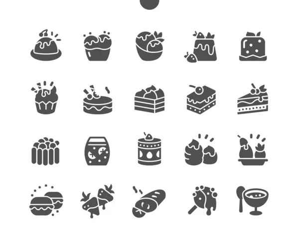 Varios postres con frutas. Pastelería de panadería. Menú para restaurante y cafetería. Vector Solid Icons. Pictograma simple — Archivo Imágenes Vectoriales