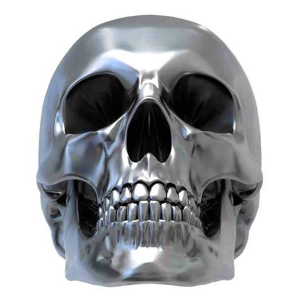 Metallischer menschlicher Schädel auf weißem Hintergrund, Vorderseite — Stockfoto