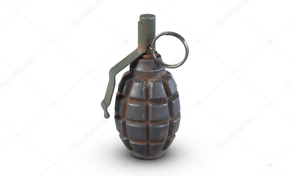 3D illustration of fragmentation grenade F1 isolated on white backfround.