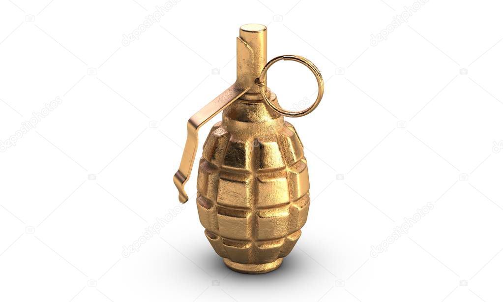 3D illustration of gold fragmentation grenade F1 isolated on white backfround.
