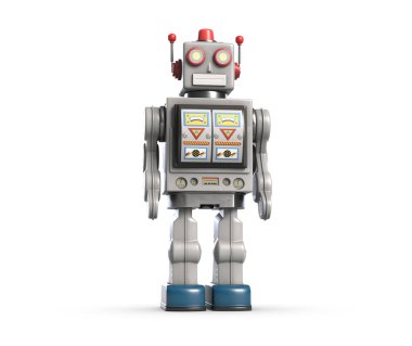 vintage robot oyuncak üzerinde beyaz izole 3D çizimi.