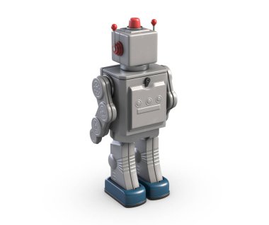 vintage robot oyuncak üzerinde beyaz izole 3D çizimi.