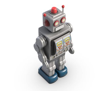 vintage robot oyuncak üzerinde beyaz izole 3D çizimi.