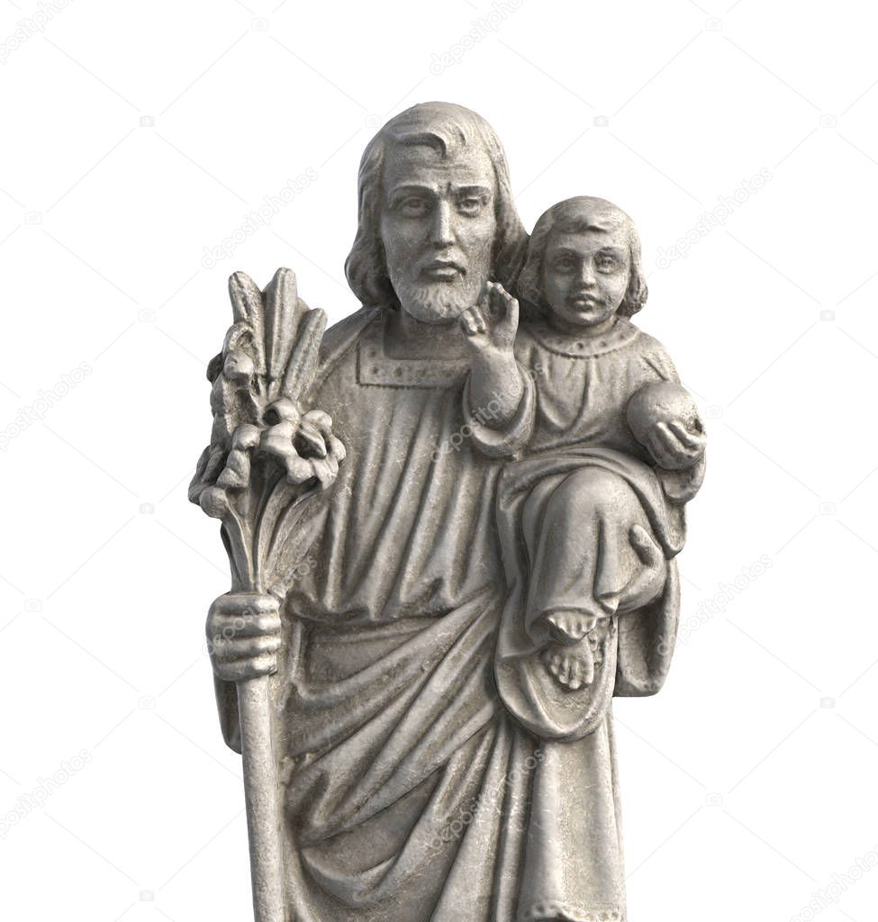 3D illustration of statue of Old Jesus and Baby Jesus on white background.