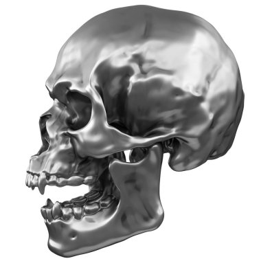 Beyaz arka plan üzerinde izole metalik krom insan kafatası 3D çizimi