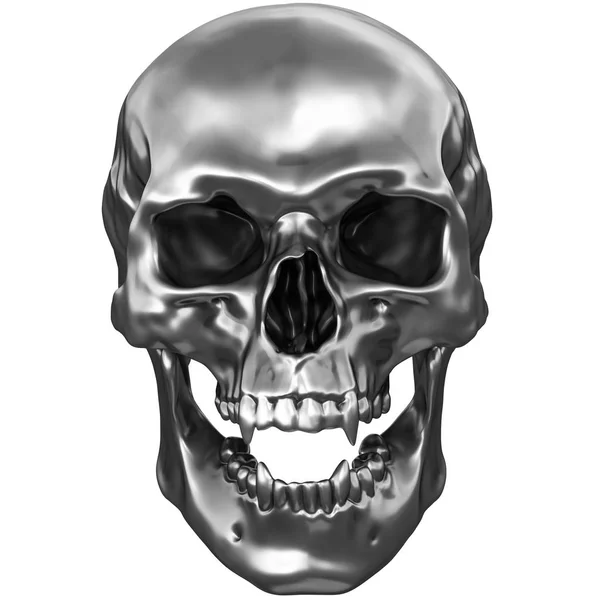 Beyaz arka plan üzerinde izole metalik krom insan kafatası 3D çizimi
