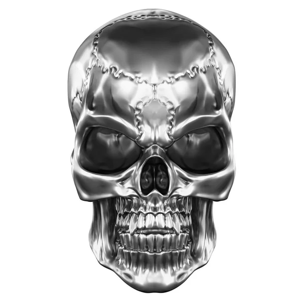 Beyaz arka plan üzerinde izole metalik krom insan kafatası 3D çizimi — Stok fotoğraf