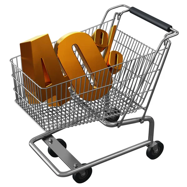 3D illustration av Shopping cart med 40 pocent rabatt i guld isolerade — Stockfoto