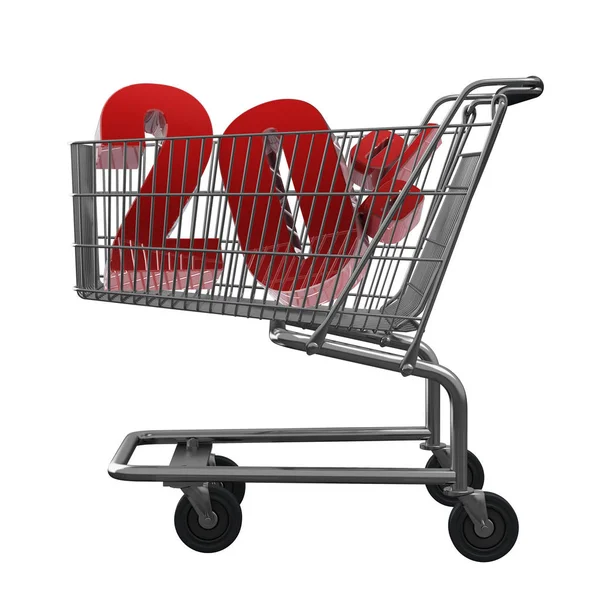 Ilustração 3D do carrinho de compras com 20 centavos de desconto em vermelho isolado — Fotografia de Stock