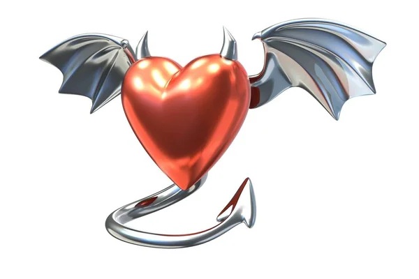 Prostorové vykreslení tvaru červené srdce s ďábelskou křídlama izolované na bílém pozadí — Stock fotografie