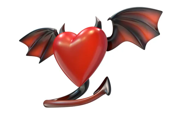 Rendering 3D a forma di cuore rosso con ali di diavolo isolate su sfondo bianco — Foto Stock