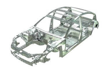 beyaz üzerinde izole metalik araba vücut çerçevesi 3D render