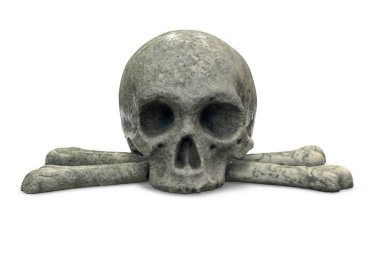Beyaz izole taş kafatası ve çapraz kemiklerin 3d render