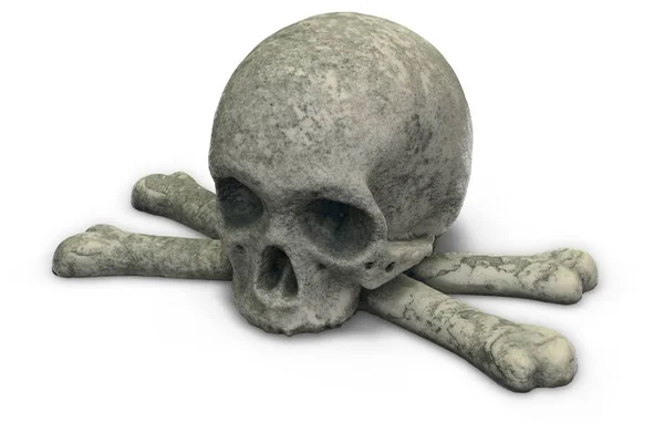 Representación 3D de cráneo de piedra y huesos cruzados aislados en blanco — Foto de Stock