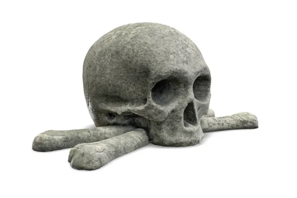 3D vykreslení kamenné lebky a zkříženy kosti izolované na bílém — Stock fotografie
