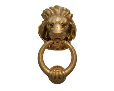 Beyaz izole bir altın aslan kafası ile Kapı tokamaç 3d render.
