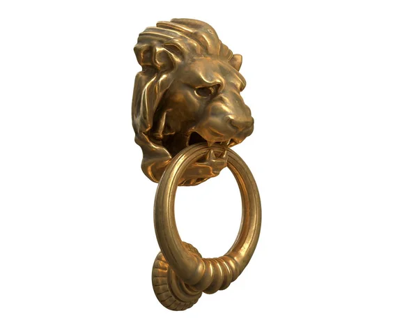 3D рендеринг дверного молотка с головой золотого льва, изолированной на белом . — стоковое фото