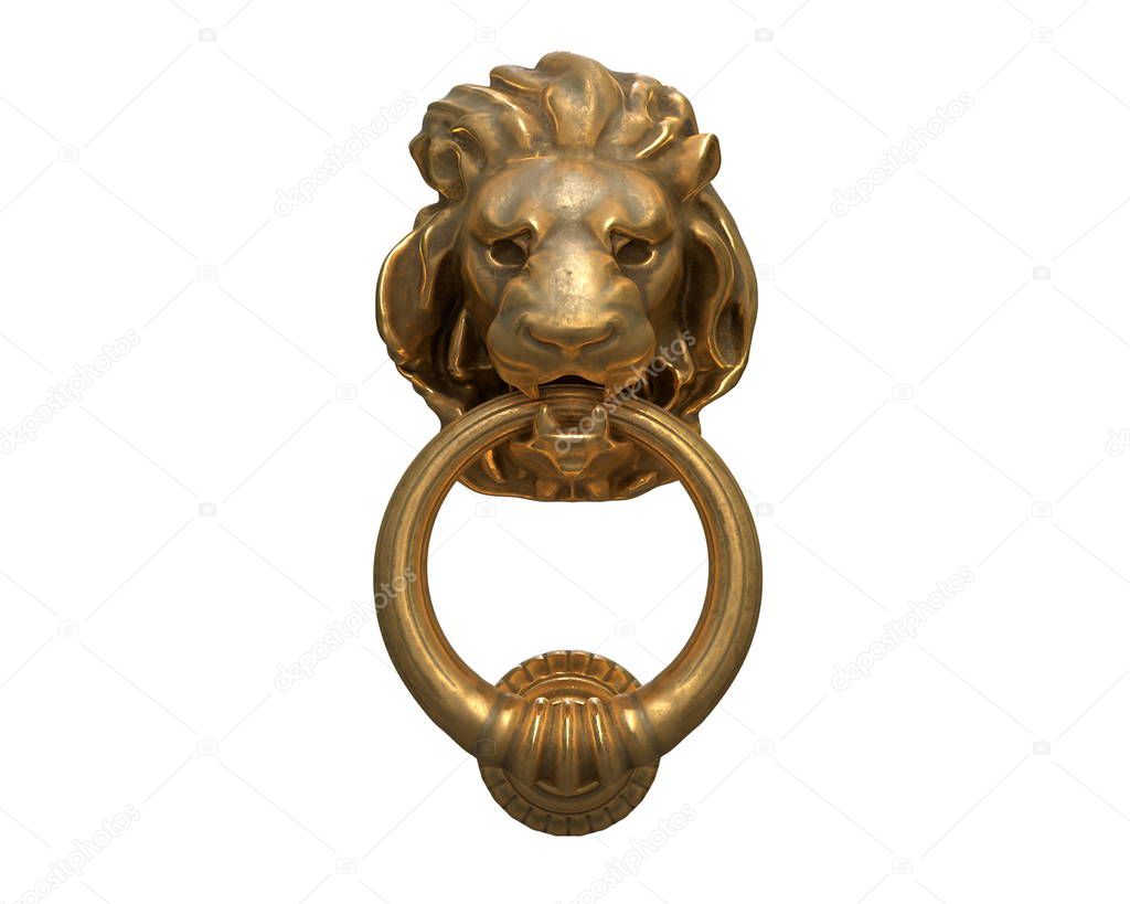 3D render of Door knocker with a gold lion head isolated on white.