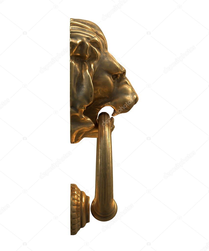 3D render of Door knocker with a gold lion head isolated on white.