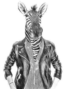 Kıyafetli hayvanlar. Hayvan kafalı insanlar. Zebra. Konsept grafik, kapak çizimi, reklam, kıyafet ve diğer şeyler.. 