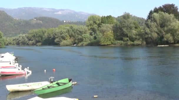 Barcos Costa Río Día Soleado Verano — Vídeo de stock