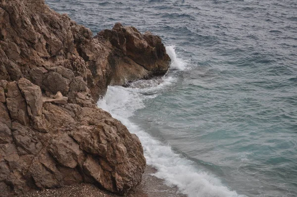 Kayalık sahil ve dalgalar. Gelgit geçişli. Öğe.