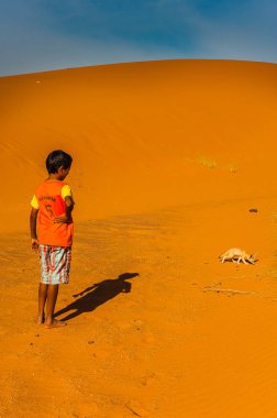 Çocuk Fas Merzouga çölde bir tilki çöl (çöl tilkisi) yakalamaya çalışıyor