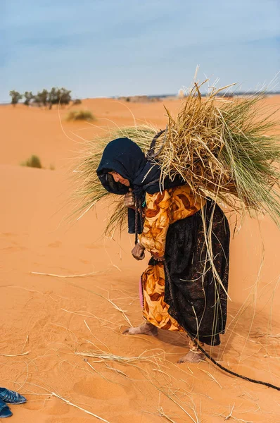 Eski Berber Kadın Yalnız Bir Kumul Merzouga Fas — Stok fotoğraf