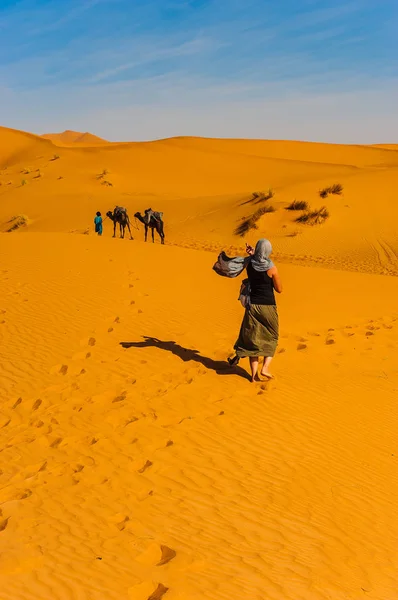Kamelkarawane Der Wüste Erg Chebbi Sahara Wüste Der Nähe Von — Stockfoto