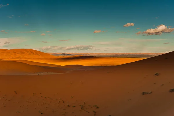 Dziewczyna Stoi Wydmy Erg Chebbi Jest Zgodna Pustynny Krajobraz Merzouga — Zdjęcie stockowe