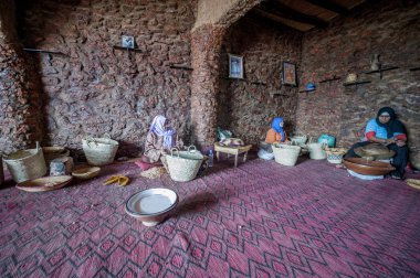 Argan yağı üretim. Argan somun bir taşla sert kabuklu çatlama Berberi bir kadın. Essaouira, Morocco