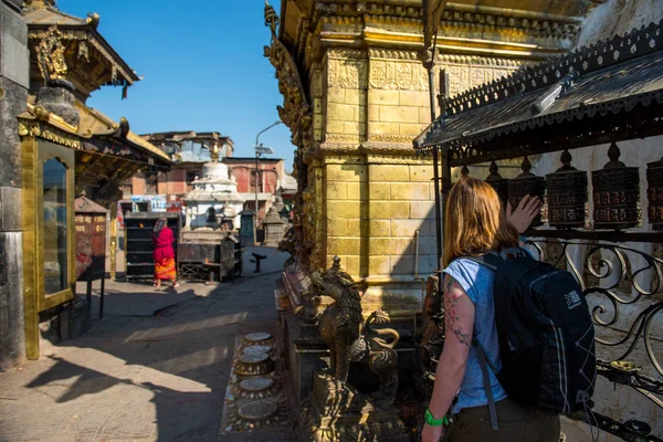 Visitors Turning Prayer Wheels Swayambunath Stupa Monkey Temple Nepal Kathmandu — Stock Photo, Image