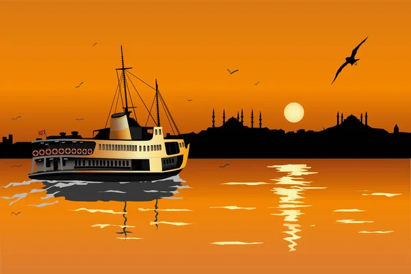 Geleneksel yolcu feribotu Boğaz 'da. Tarihi yarımadadan ve Sultan Ahmet Camii 'nden manzara. 