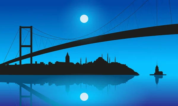 İstanbul silueti ve Boğaz Köprüsü gün batımında. vektör illüstrasyonu.