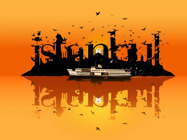 Gün batımında İstanbul 'un siluetleri. Martılar, eski yolcu feribotları ve mimari yapılar. vektör çizimi