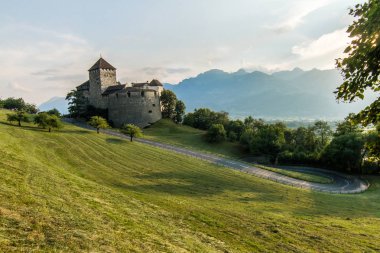 Liechtenstein ile arka plan üzerinde güzel Alps bir Vaduz Kalesi. Yeşil çim alanından iyi bir görünüm.