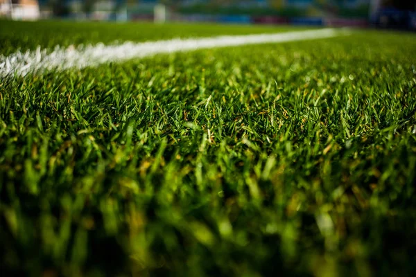 Green Bright Colorful Grass Pitch Football Stafium Close Beautiful Bokeh — Stock Photo, Image