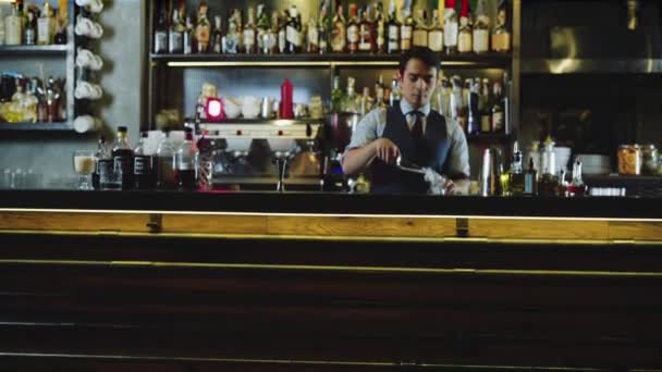 Bartender Cuidadosamente Coloca Gelo Cubo Vidro Colocá Balcão Bar Movimento — Vídeo de Stock