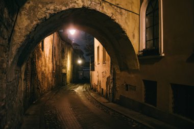 Eski mimari ve kış arka plan ile eski dar gece Vilnius Sokağı